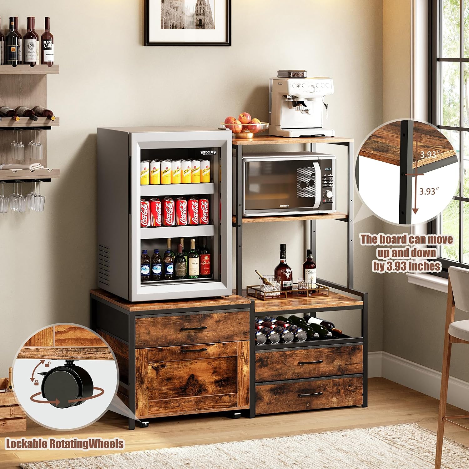 Herture Mini Fridge Stand with Wine Rack, Kitchen Bakers Rack with Power Outlet, Microwave Oven Stand, Coffee Bar, Movable Drawers, for Dorm,Office, Brown HB04BXN