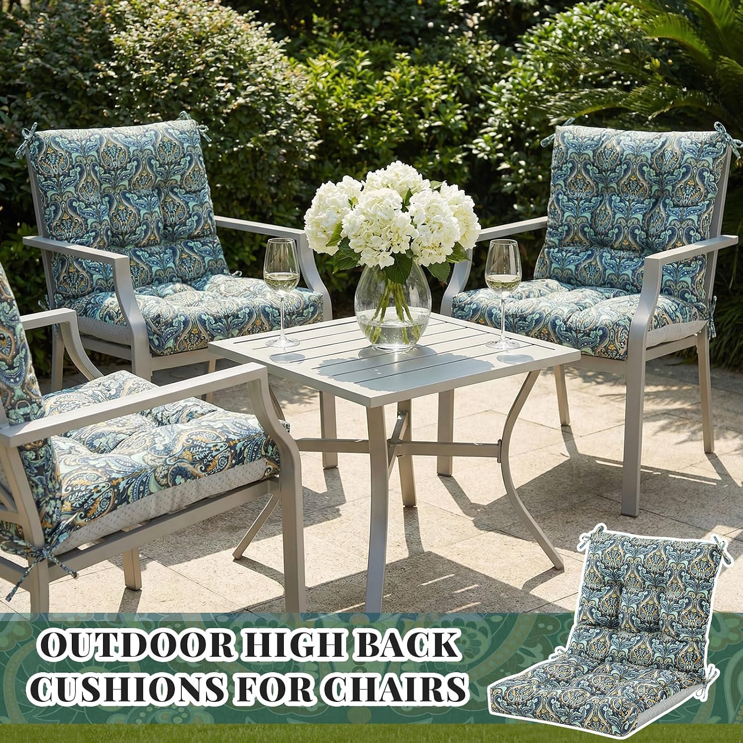 Marsui 4 Pcs Outdoor Indoor High Back Chair Cushions Patio Furniture Tufted Pillow with Ties Water-Resistant Replacement Outdoor Rocking Chair Cushions, 42 x 21 Inches (Blue,Paisley)
