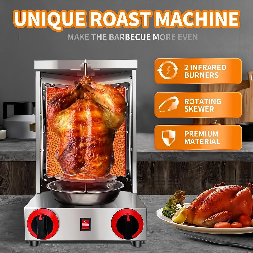 Shawarma Grill Machine LP Gas Gyro Grill Oven Vertical Broiler Rotating Doner Kebab Machine Countertop Rotisserie with 2 Burners for Home Kitchen Adjustable Tempereture Max.300℃,110V