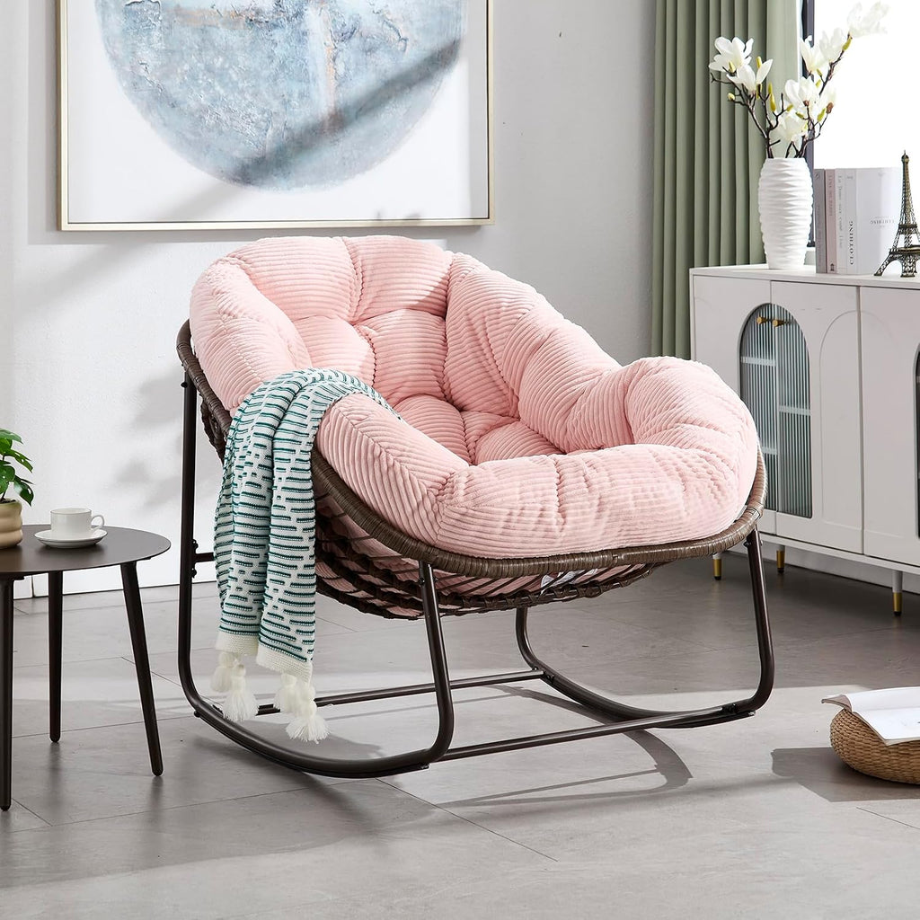 Deolme Large Papasan Rocking Chair Set of 2 with Cushion, Oversized Comfy Reading Chair Lounging Indoor Outdoor Rocker for Front Porch Backyard Bedroom Living Room Egg Chair Rattan (Pink)