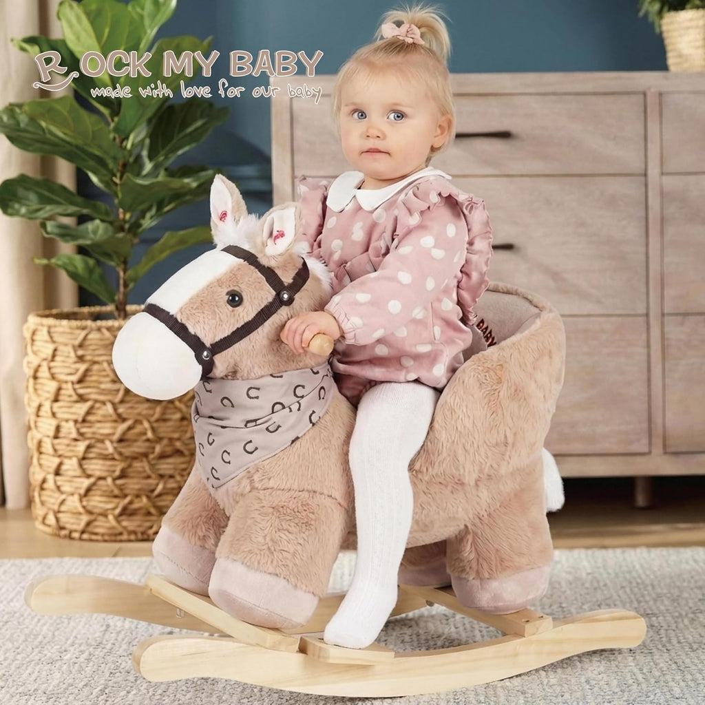 Rock My Baby Rocking Horse, Baby Animal Rocking Horse with Seat, Ride on Horse, Plush Rocking Horse with Realistic Sound, Wooden Rocking Horses Ages 1-3 (Caramel Color Horse), CPC Certified
