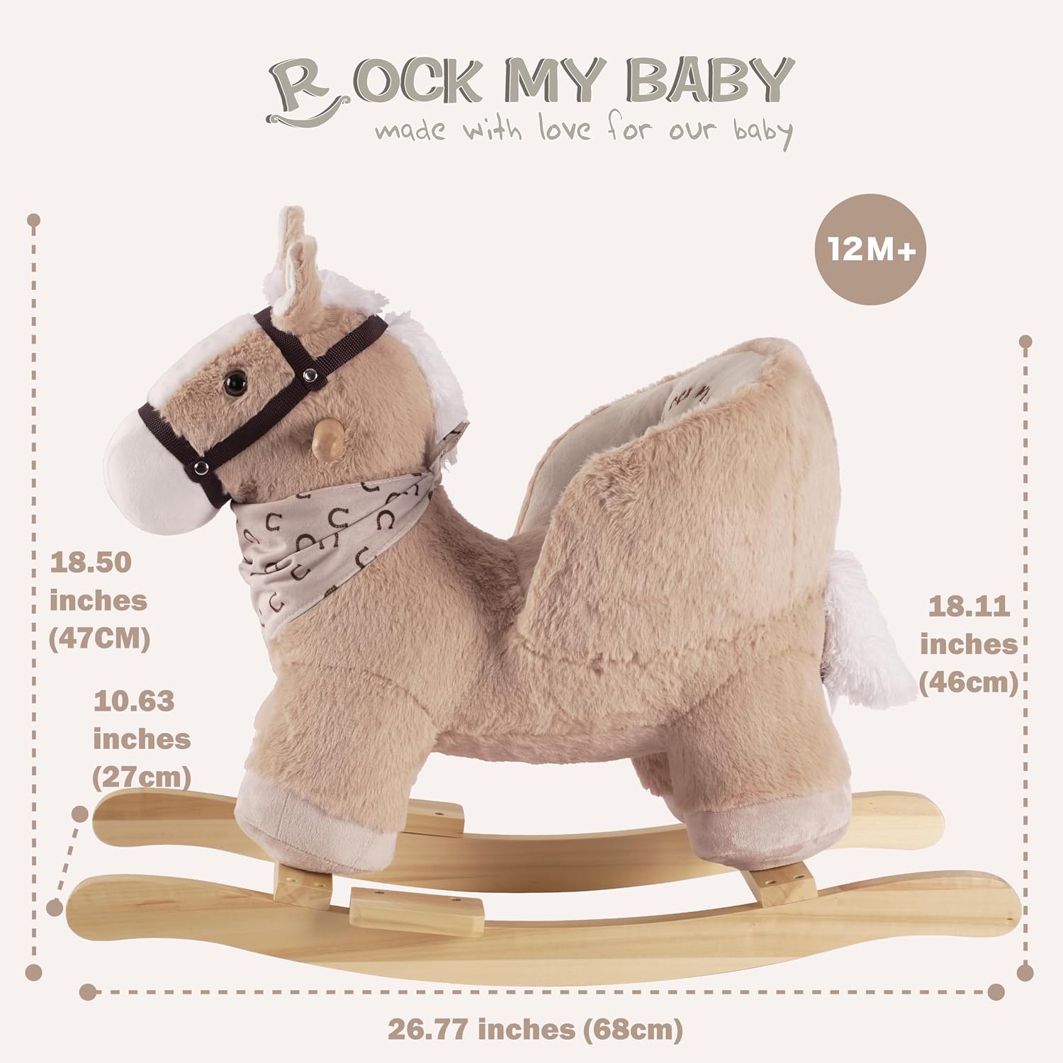 Rock My Baby Rocking Horse, Baby Animal Rocking Horse with Seat, Ride on Horse, Plush Rocking Horse with Realistic Sound, Wooden Rocking Horses Ages 1-3 (Caramel Color Horse), CPC Certified