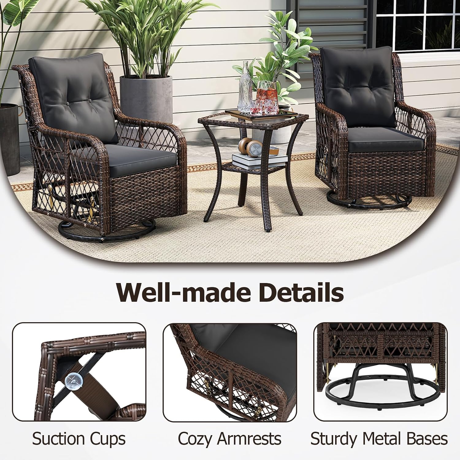 Tangkula 3 Pieces Outdoor Swivel Rocker Set, Rattan Wicker Patio Rocking Cushioned Chairs Set of 2 with Small Side Table, for Backyard, Poolside, Balcony, Lawn, Deck