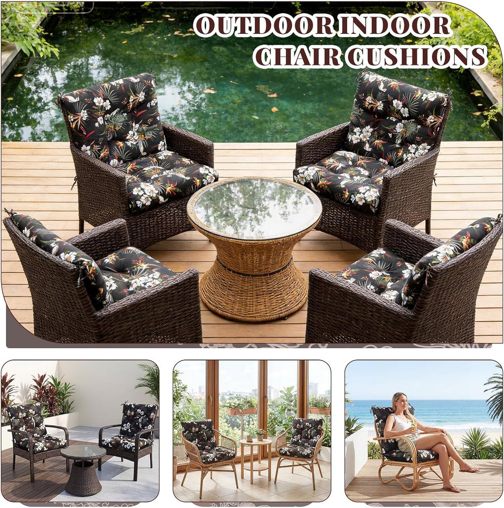 Marsui 4 Pcs Outdoor Indoor High Back Chair Cushions Patio Furniture Tufted Pillow with Ties Water-Resistant Replacement Outdoor Rocking Chair Cushions, 42 x 21 Inches (Black,Plants)