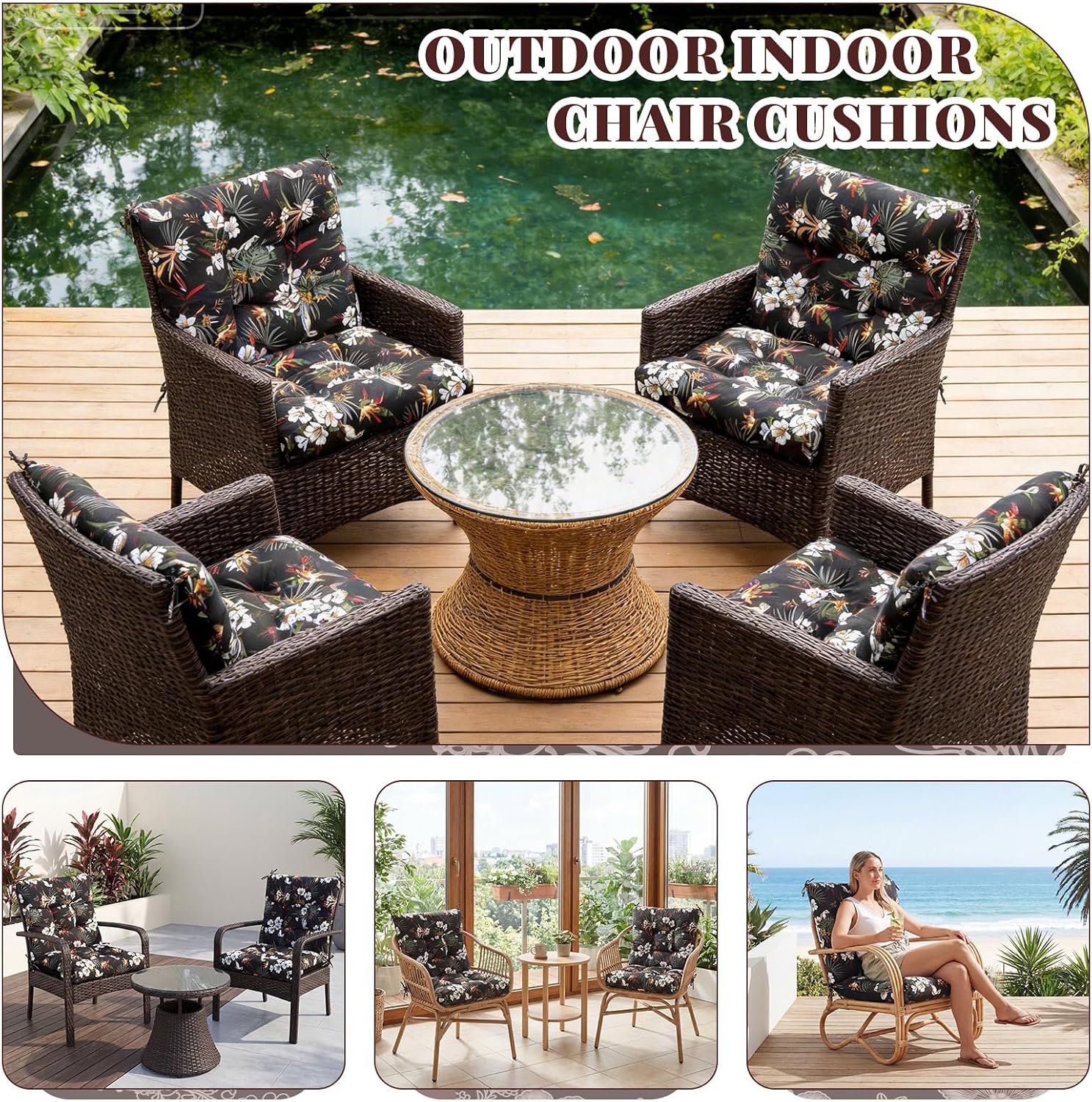 Marsui 4 Pcs Outdoor Indoor High Back Chair Cushions Patio Furniture Tufted Pillow with Ties Water-Resistant Replacement Outdoor Rocking Chair Cushions, 42 x 21 Inches (Black,Plants)