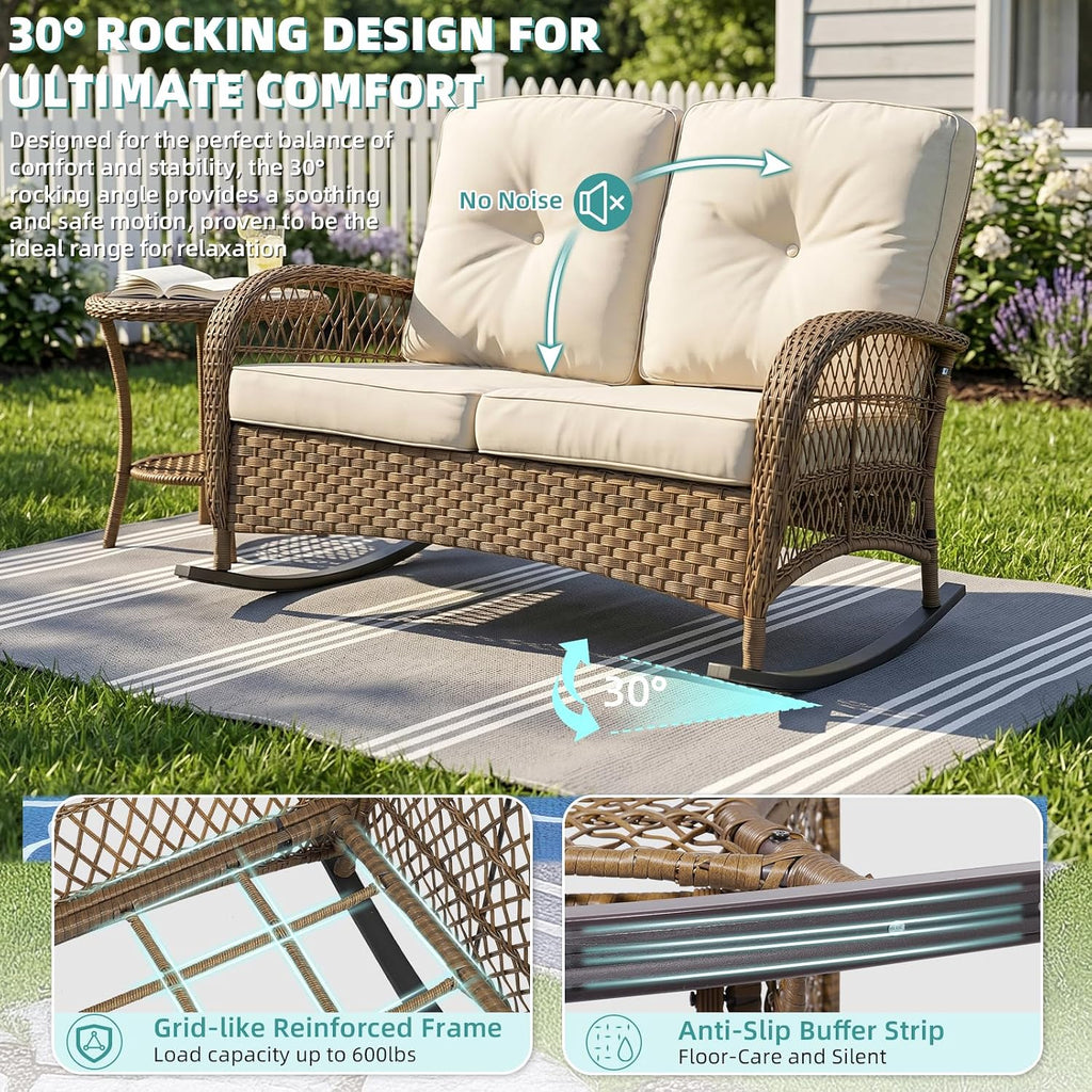 MEETWARM Wicker Patio Rocking Loveseat, Oversized Outdoor Double Rocking Chair with Cushions and High Back，All-Weather 2 Seat Sofa Bench Rocking Wicker Furniture for Garden Balcony Porch, Brown/Beige