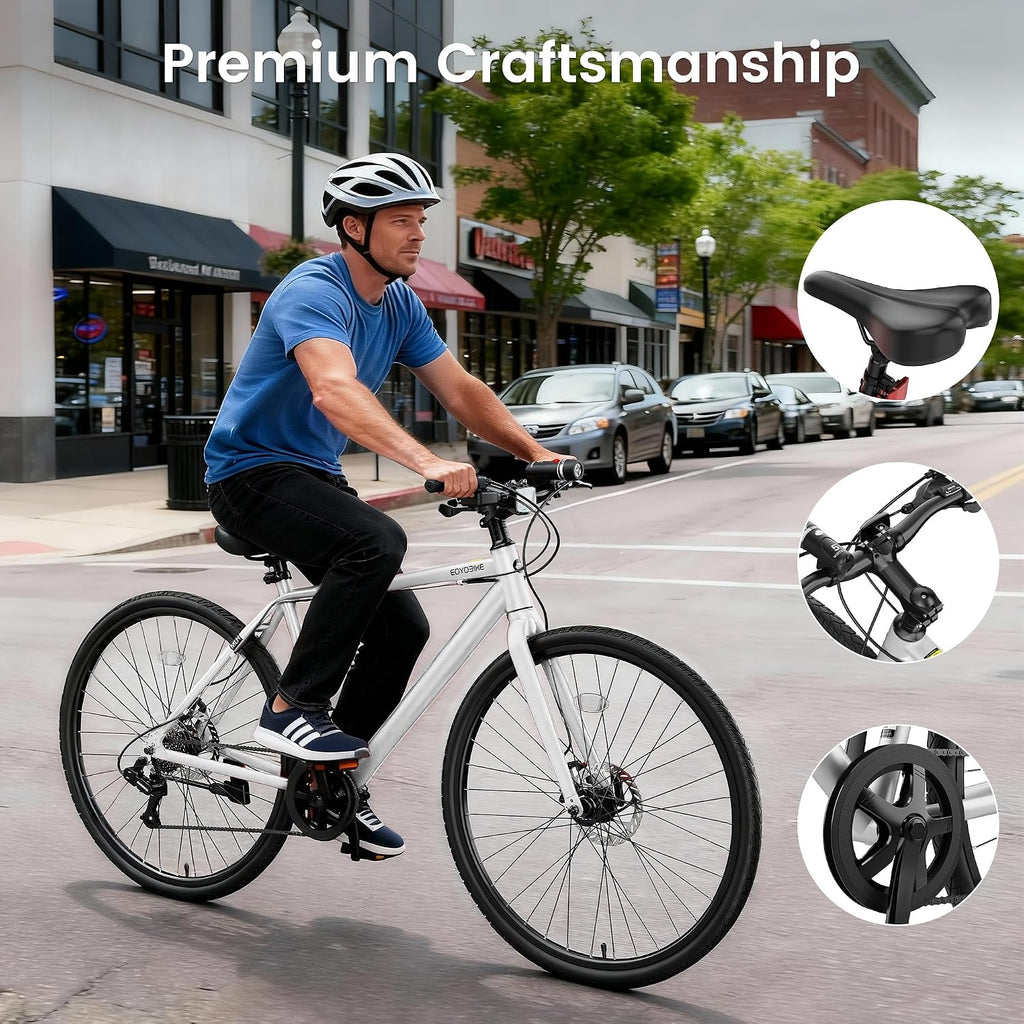 MOONCOOL Hybrid Bike for Men, 700C Aluminum 29LB Ultra-Light 8 Speed Commuter Bike, 350lb Loading, 29' Urban Bicycle, Dual Disc Brakes, for Tall Men&Women, 85% Pre-Assembled
