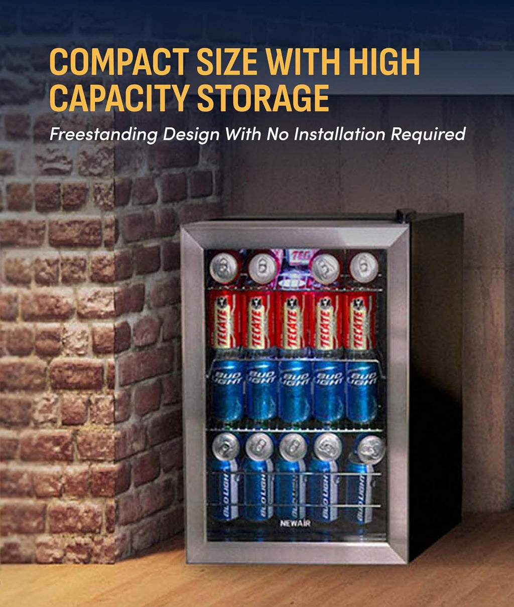 NewAir 90 Can Beverage Refrigerator | 17' Freestanding Small Mini Fridge for Bedroom, Home Bar or Office | Quiet Compressor Cooling & Adjustable Shelves | Stainless Steel