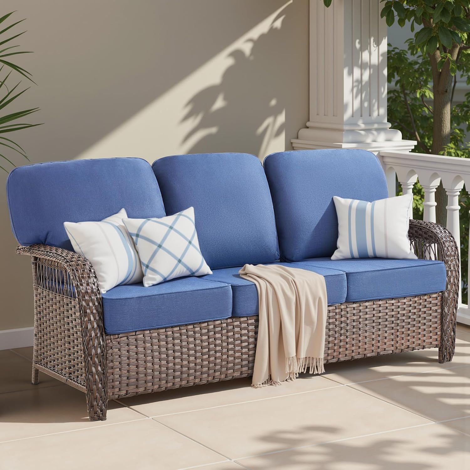 75'' Outdoor Patio Couch Wicker Sofa, All Weather Rattan 3 Seater Sofa High Back Couch with Deep Seating and Removable Cover, Outdoor Patio Furniture for Deck Porch Sunroom Backyard, Blue
