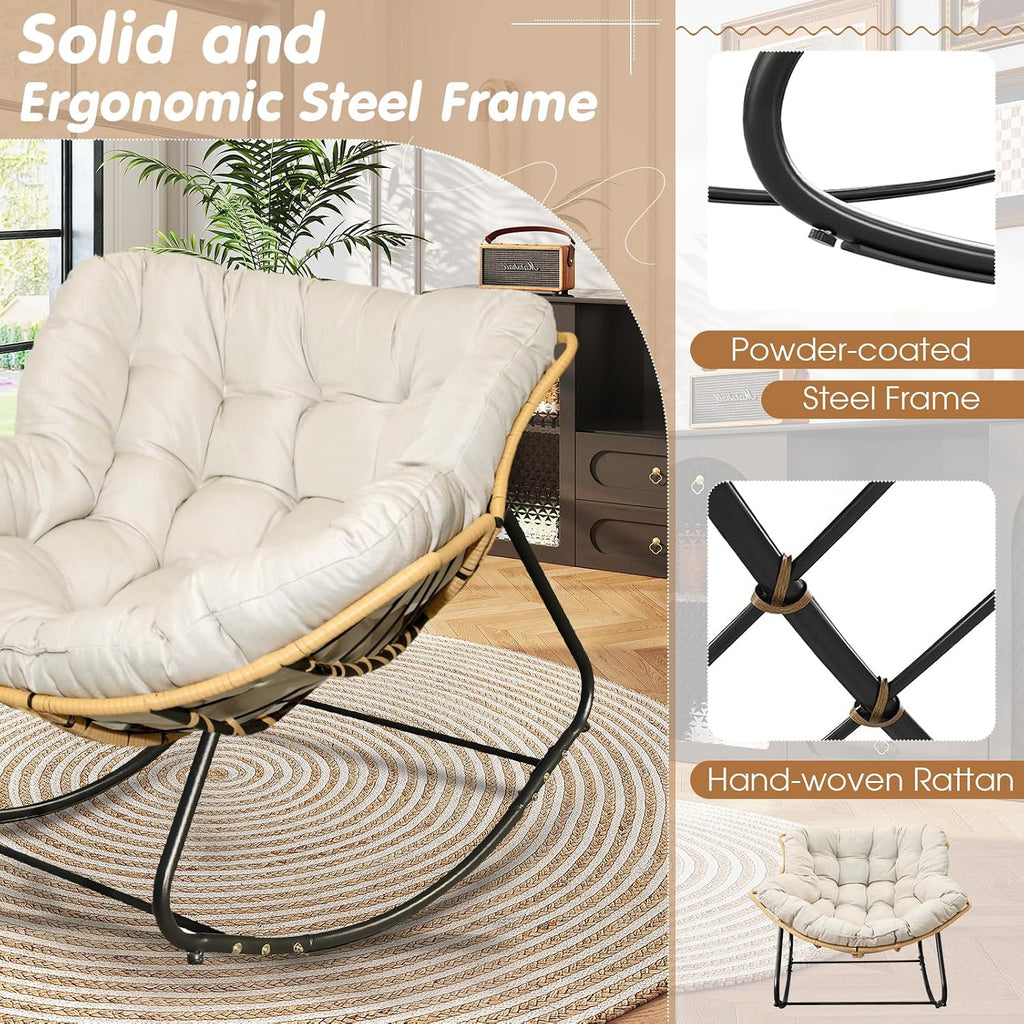 SLEERWAY Large Outdoor Indoor Patio Rocking Egg Chair, Oversized Papasan Chair Rocker with Cushion and Frame, Comfy Rattan Wicker Lounge Chair Outdoor Furniture for Porch Patio Garden Backyard, Beige