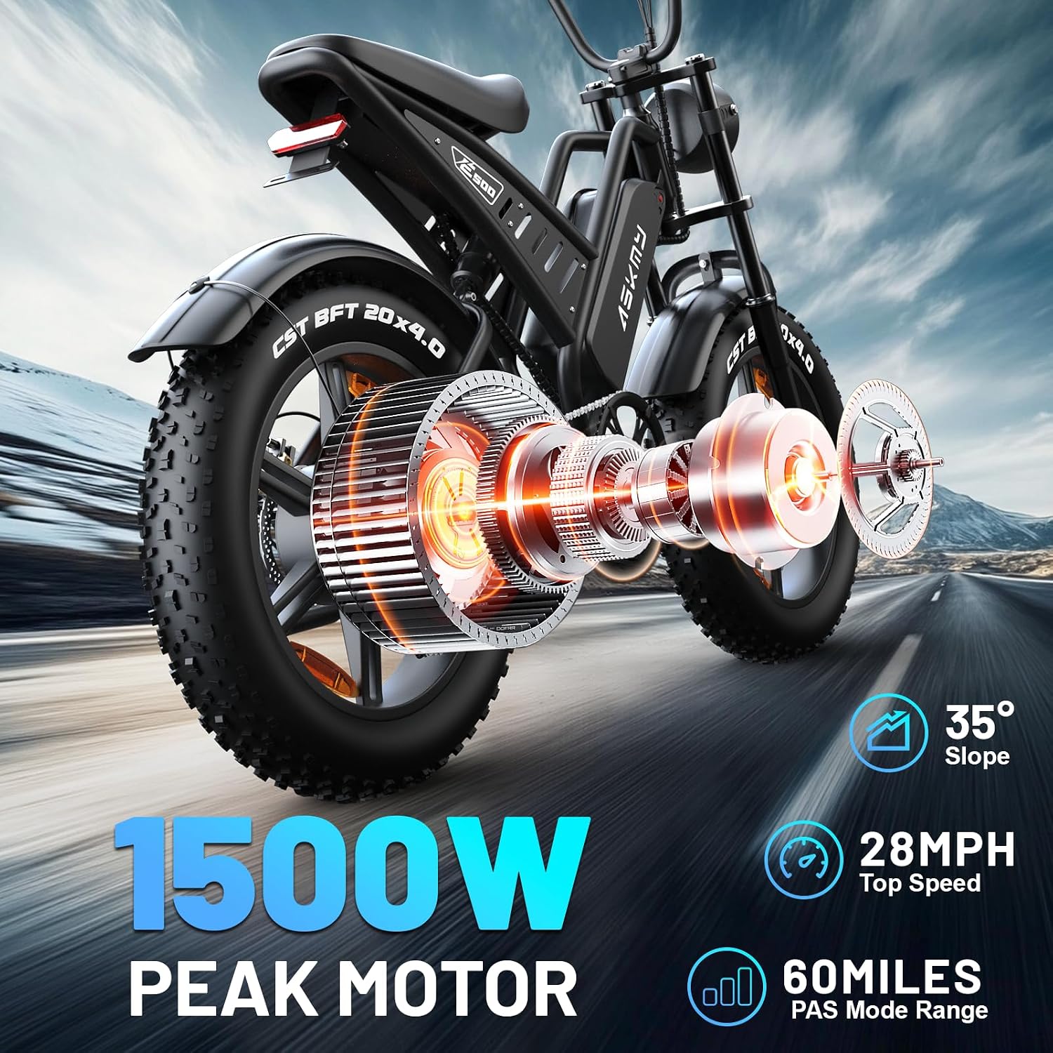 20' Fat Tire Electric Bike for Adults, 1500W Peak Motor E-Bike with 48V 15Ah Removable Battery, 60 Miles PAS Range, 28MPH Dirt Electric Mountain Bicycles for Off Road and Commuting