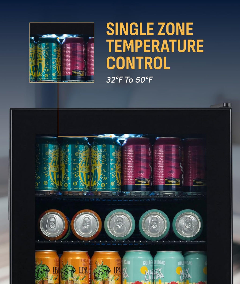 NewAir 126 Can Beverage Refrigerator | Freestanding Mini Fridge for Home Bar or Office | SplitShelf Storage, 32°F Cooling & LED Lighting | 'Beers of the World' Design