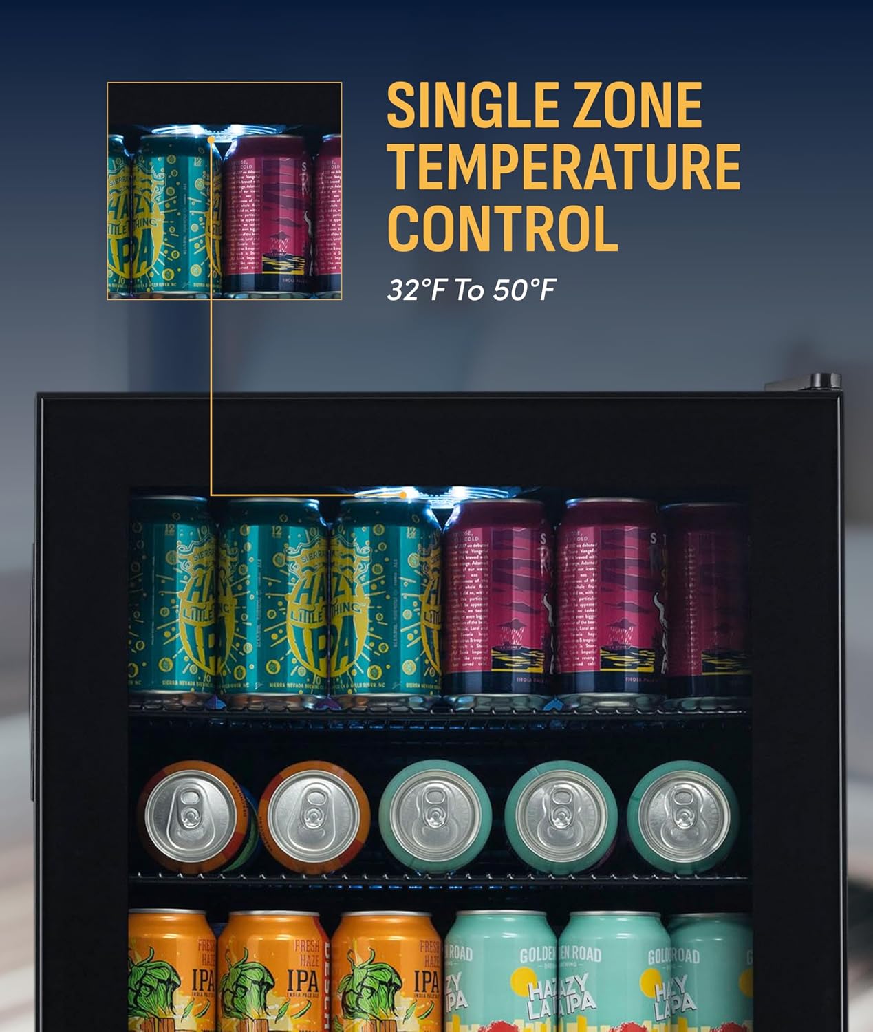 NewAir 126 Can Beverage Refrigerator | Freestanding Mini Fridge for Home Bar or Office | SplitShelf Storage, 32°F Cooling & LED Lighting | 'Beers of the World' Design