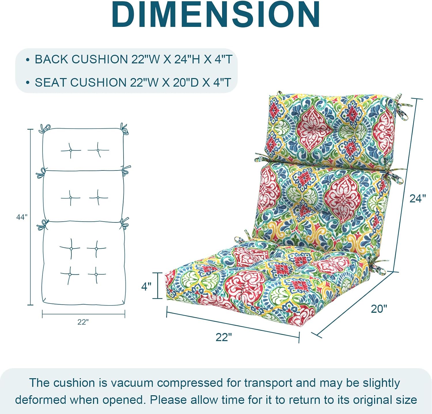 DYTXIII Outdoor High Back Chair Cushions Set of 2, Water Repellent Tufted Rocking Seat Cushions Replacement 44 x 22 Inch, Seat & Back Chair Pads for Patio, Balcony and Indoor Use -Damask Red