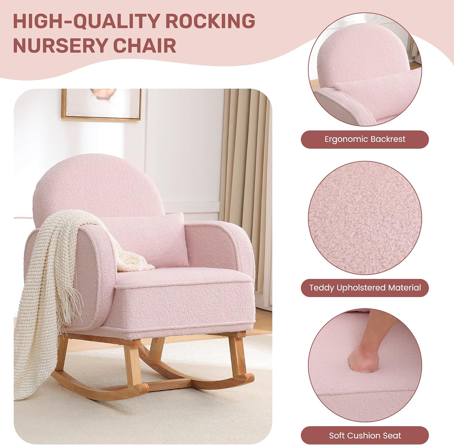 HCHAIRH Rocking Chair Nursery with Ottoman, Upholstered Glider Rocker with High Backrest and Side Pocket, Rocking Accent Armchair with Solid Wood Legs for Nursery/Living Room/Bedroom Pink