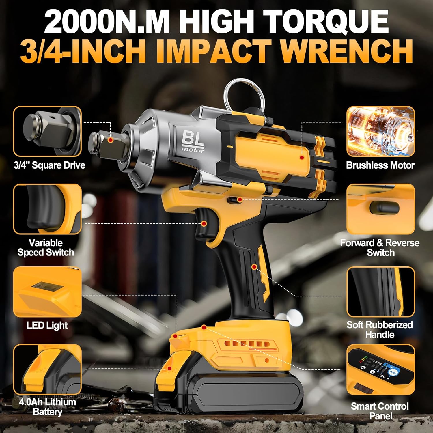 Cordless Impact Wrench 3/4' for De-Walt 20V Battery, 1475 Ft-lbs (2000N.m) High Torque power Impact Gun Heavy Duty Brushless, 3 Mode, 1/2' Impact Socket Adapter, Car Tire Truck RV Mower (No battery)
