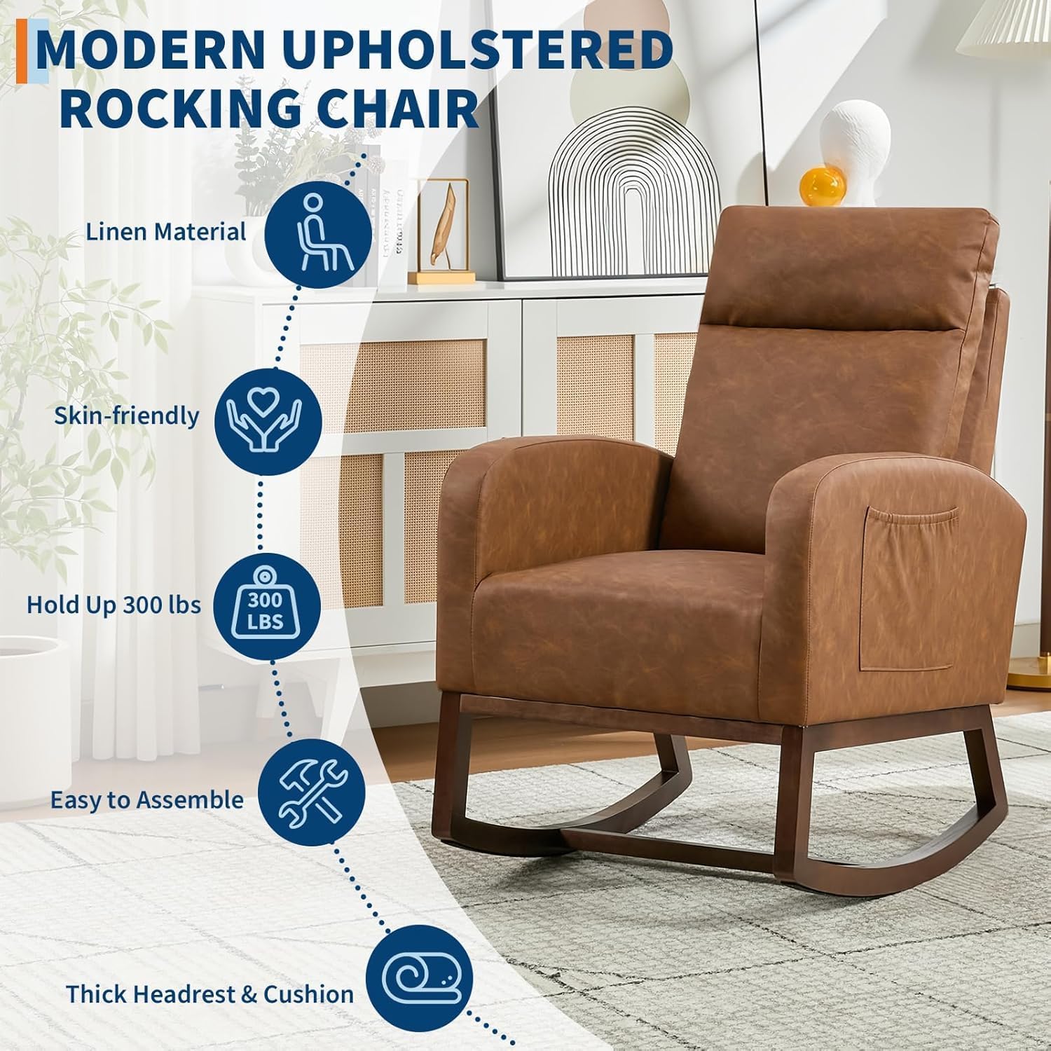 Nursery Rocking Chair, Comfy Modern Glider Rocking Chair with High Backrest and Armrest, Teddy Upholstered Rocking Accent Chair with Side Pockets for Living Room, Bedroom, Office,Brown