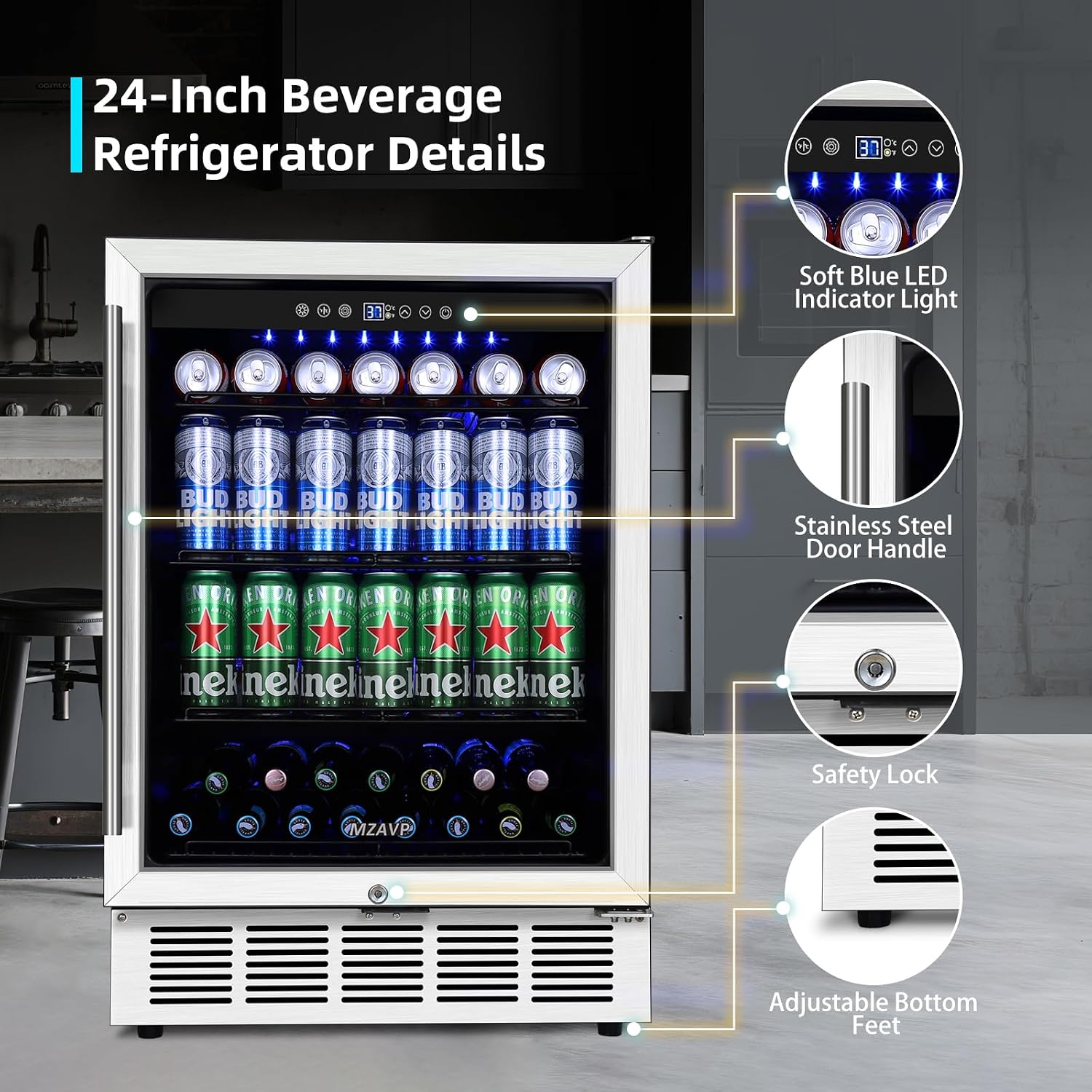 24 Inch Beverage Refrigerator, 180 Cans Built-in Beverage Cooler with Glass Door, Under Counter or Freestanding Drink Fridge with LED Light & Adjustable Shelves For Home Bar Office - Silver