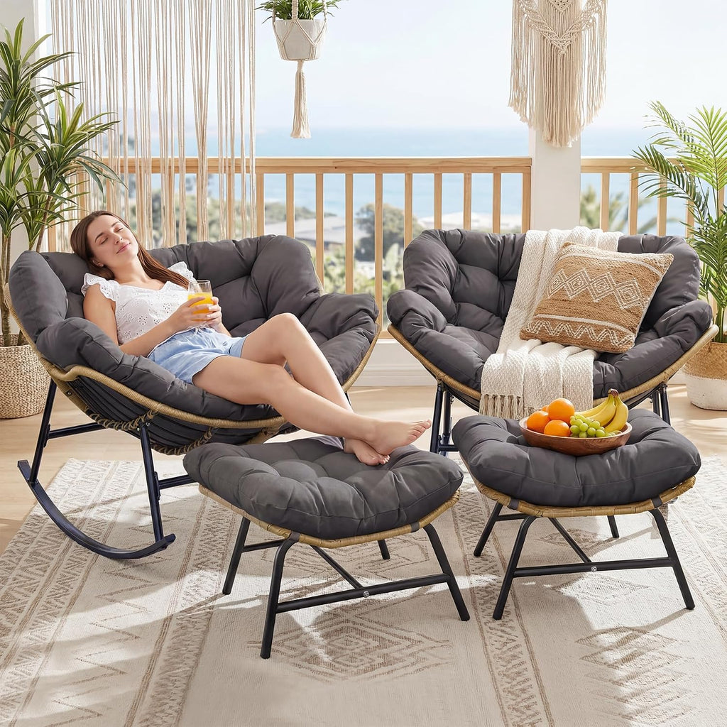 BULEXYARD Large Rocking Egg Chair 4 Pcs with Ottoman Indoor Outdoor 450lbs, Brown Wicker Royal Rocking Papasan Chair with Dark Grey Thick Cushion, Comfy Recliner Lounge Rocker for Balcony, Porch