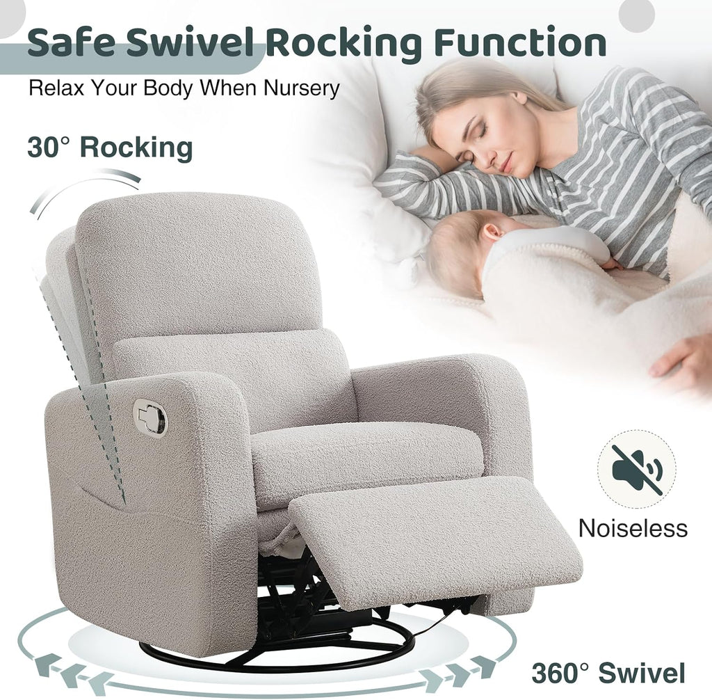 Swivel Rocker Recliner, Oversized Teddy Manual Nursery Glider Rocking Recliner with Removable Cushion, Upholstered Boucle Swivel Reclining Chair for Nursery Living Room Bedroom, Teddy Gray