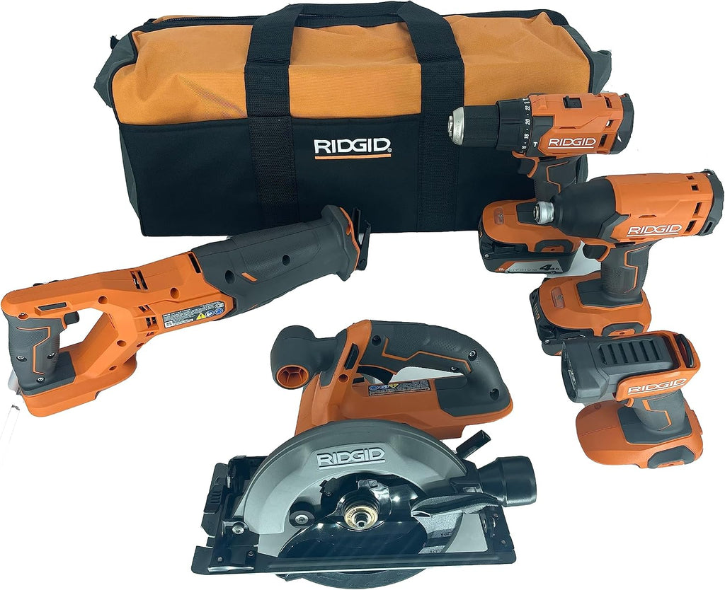 RIDGID 18V Lithium-Ion Cordless 5-Tool Kit with (2) 4.0 Ah Batteries and Charger- R9635