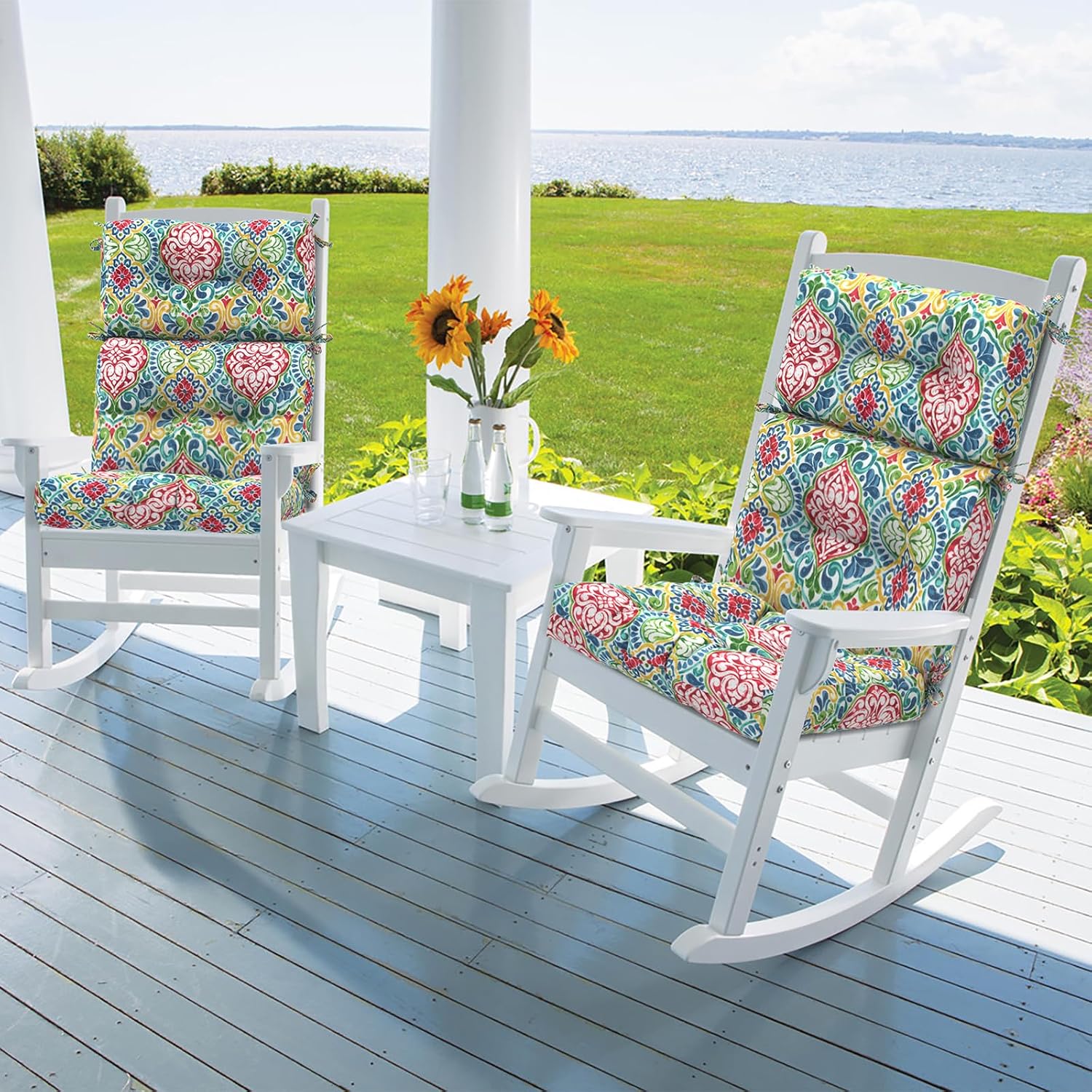 DYTXIII Outdoor High Back Chair Cushions Set of 2, Water Repellent Tufted Rocking Seat Cushions Replacement 44 x 22 Inch, Seat & Back Chair Pads for Patio, Balcony and Indoor Use -Damask Red