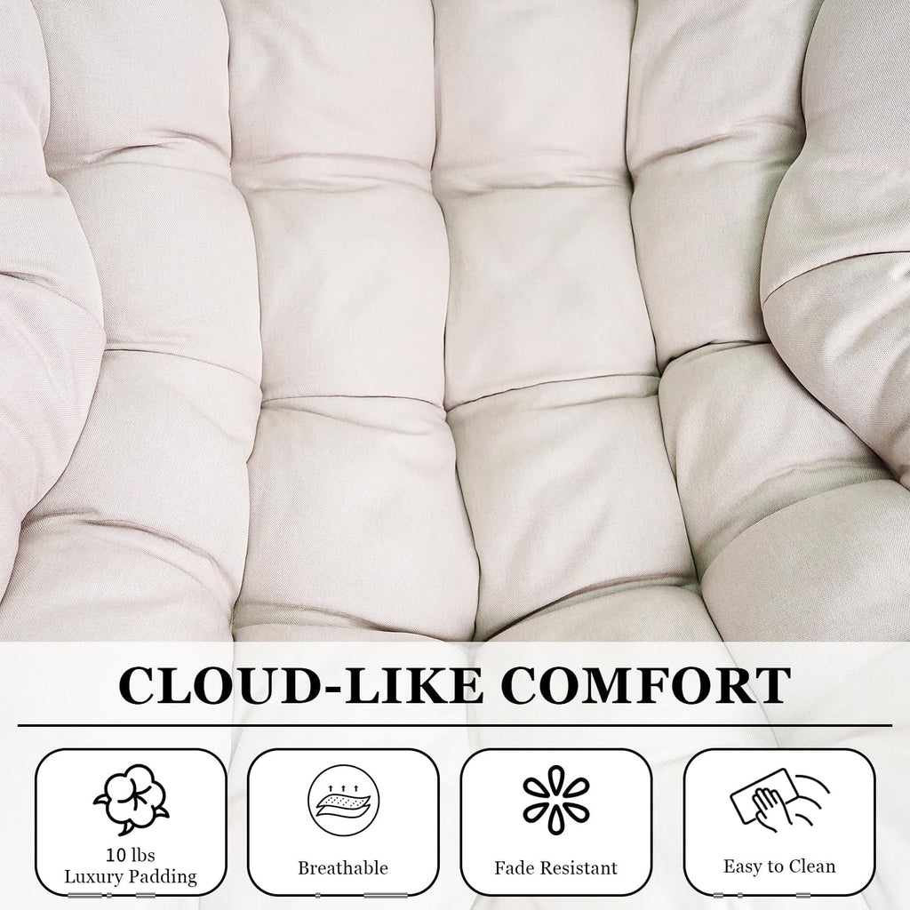 Rocking Papasan Chair Outdoor/Indoor, Rattan Wicker Lounge Rocker Egg Chair with Thick Cushion, Alloy Frame & Anti-Tip Wide Base for Patio, Living Room, Bedroom, Warm Beige