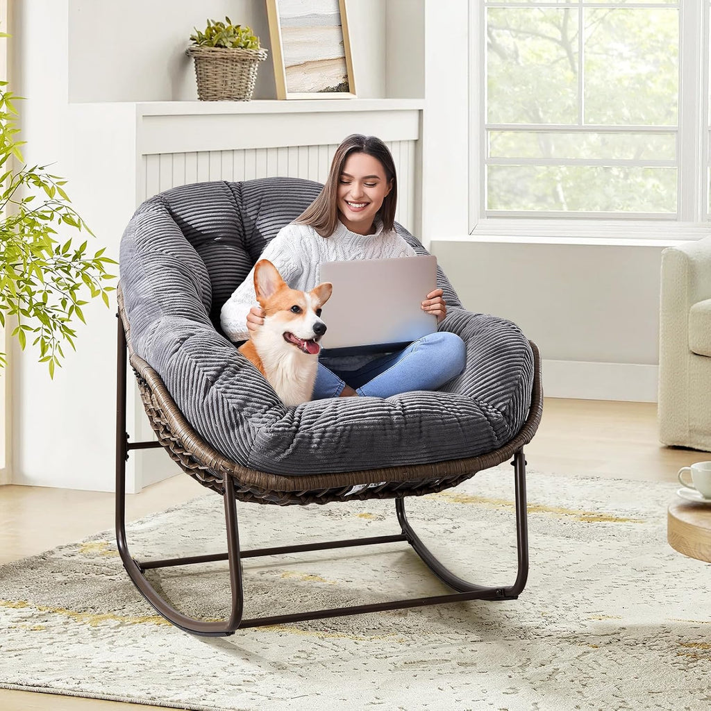 Outdoor Indoor Rocking Chair with Padded Cushion, Oversized Patio Papasan Rocking Egg Chair, All Weather Wicker Egg Rocking Chair, Comfy Large Rattan Rocker Lounge Chair for Front Porch,Garden, Patio