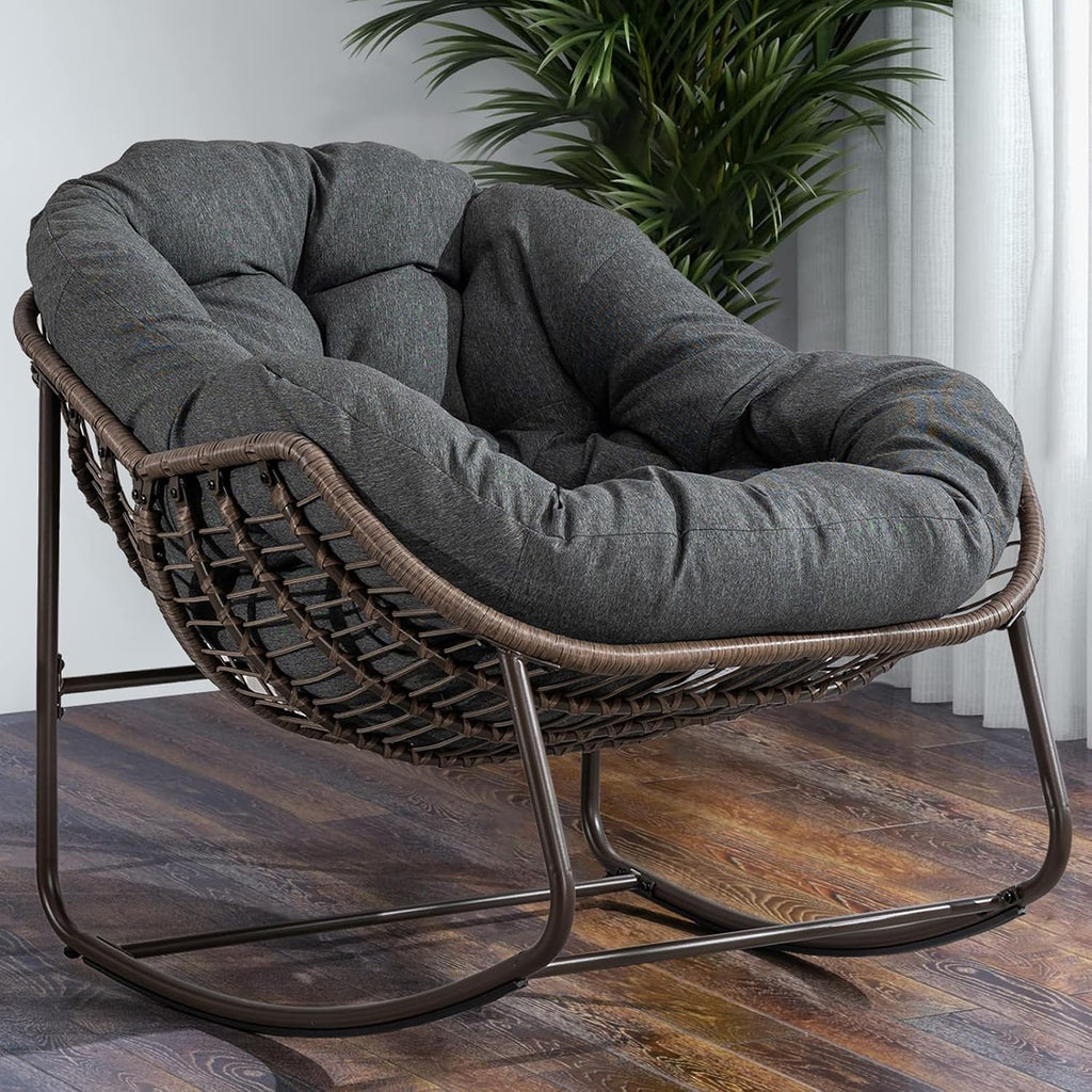 HRVEOCEI Papasan Rocking Chair with Cushion and Frame, Oversized Rocking Chair Indoor/Outdoor, Circle Chairs for Patio Garden Front Porch, Corduroy/Velvet (Grey)