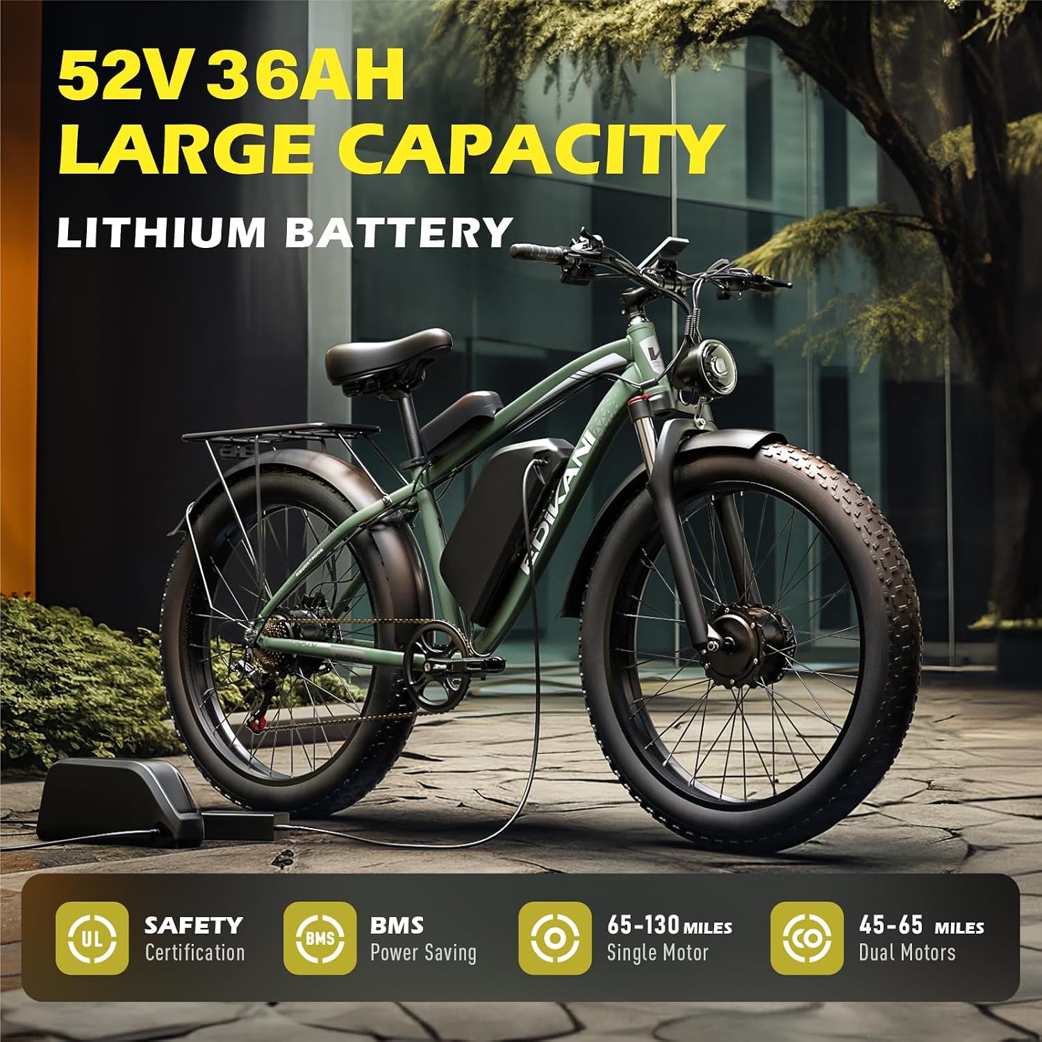 E Bikes for Adults Electric,51 MPH Fast Ebike Peak 6000W 36AH 52V 130 Miles Max, Dual Motor Electric Bike Fat Tire E Bike for Men, 26' Electric Bicycle for Snow Off-Road, Hydraulic Brakes, 7 Speed