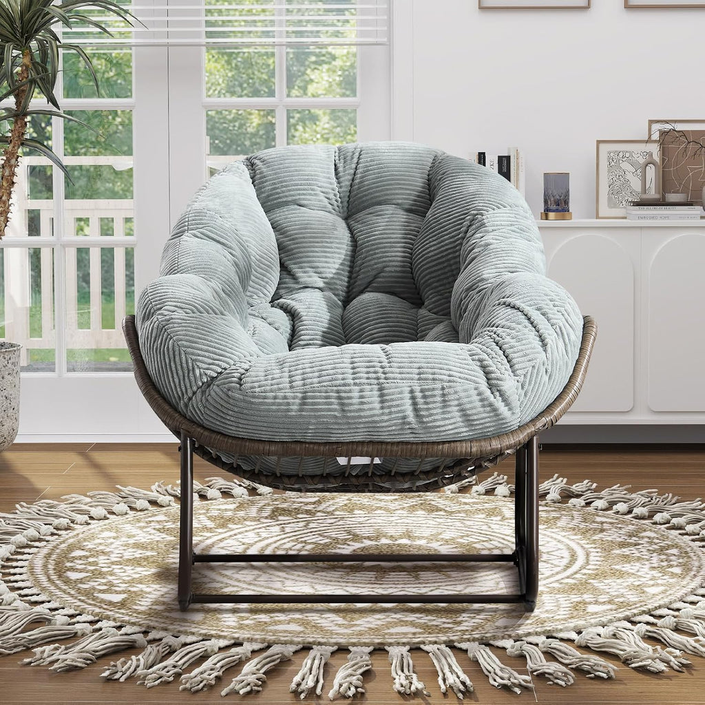 Oversized Indoor/Outdoor Corduroy Rocking Papasan Chair, Modern Egg-Shaped Design with Thick Memory Foam Cushion, Green