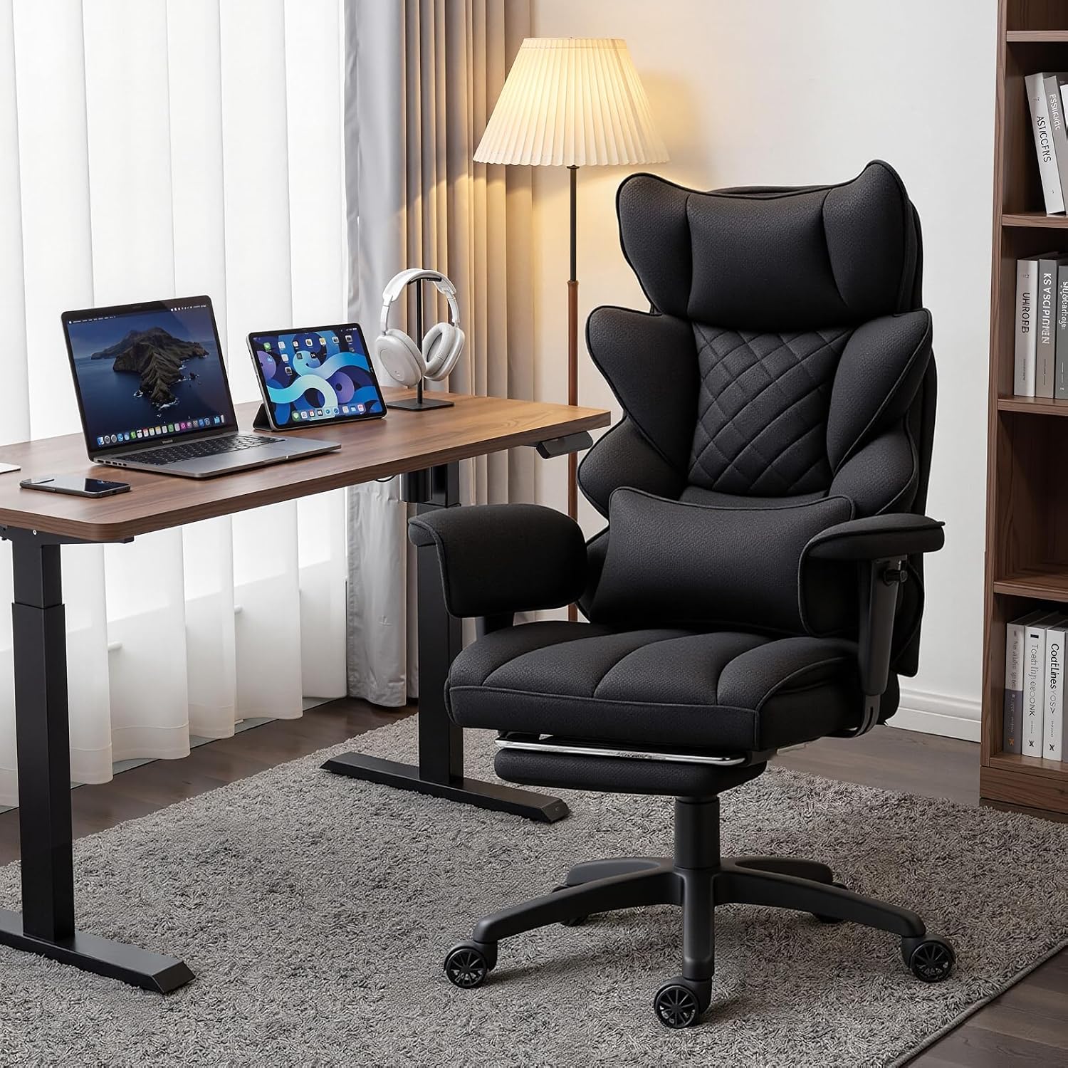 Dowinx Big and Tall Office Chair with Pocket Spring Cushion,High Back Computer Gaming Chairs with Adjustable Armrests,Executive Desk Chairs with Lumbar Support and Footrest,Fabric-Black