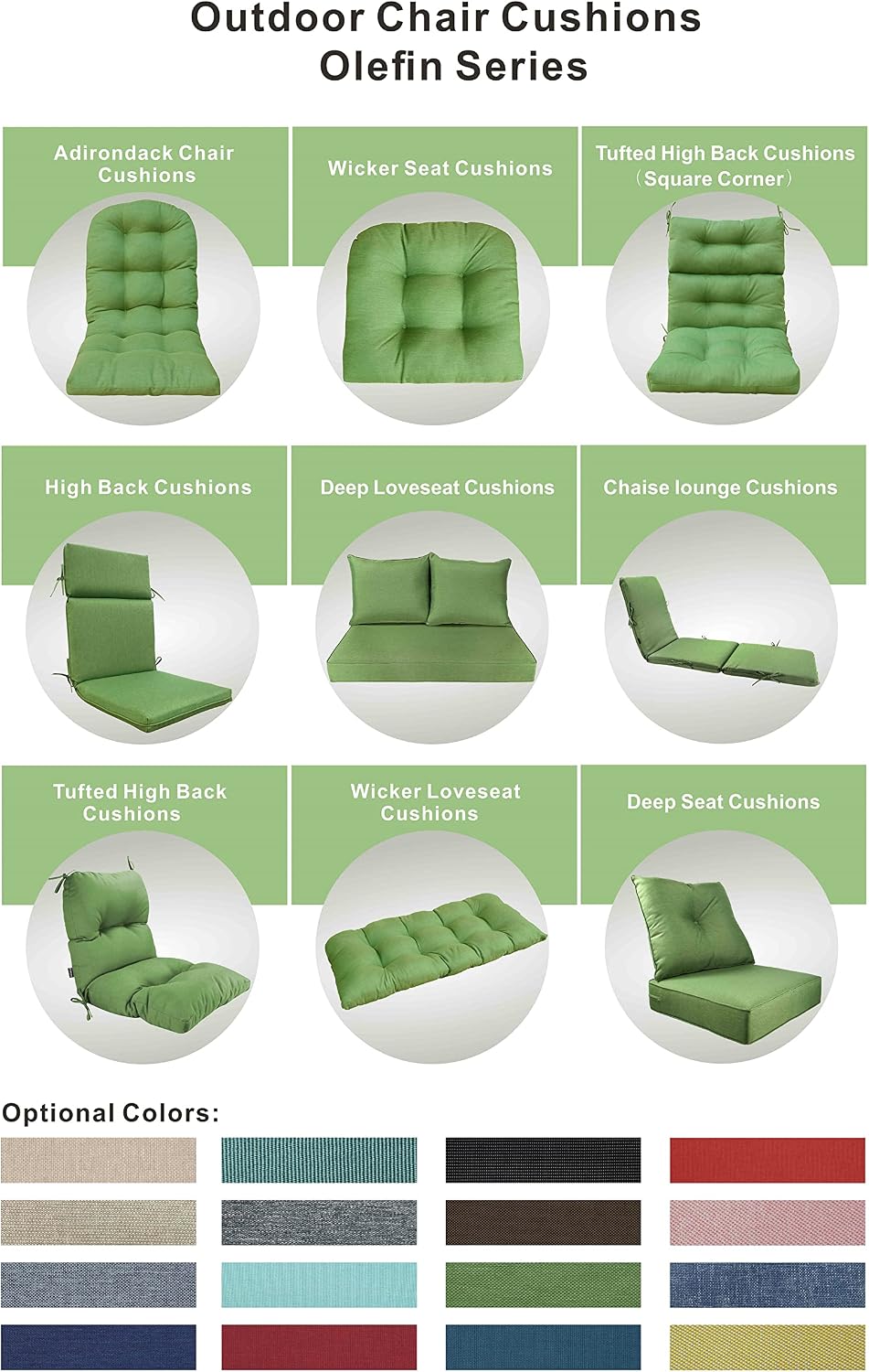 Indoor Outdoor High Back Rocking Chair Cushions Replacement Patio Seat Cushion Fade Resistance, Set of 4 (Olefin Deep Green)