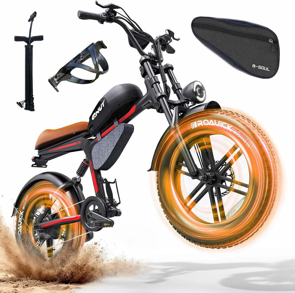 QNUT Electric Bike for Adults - 1500W Peak Motor 28MPH Speed, 48V 18Ah Battery, 60-90 Miles Range, 7-Speed Transmission, 20'x4.0' Retro Motorcycle Design for City & Trail Riding
