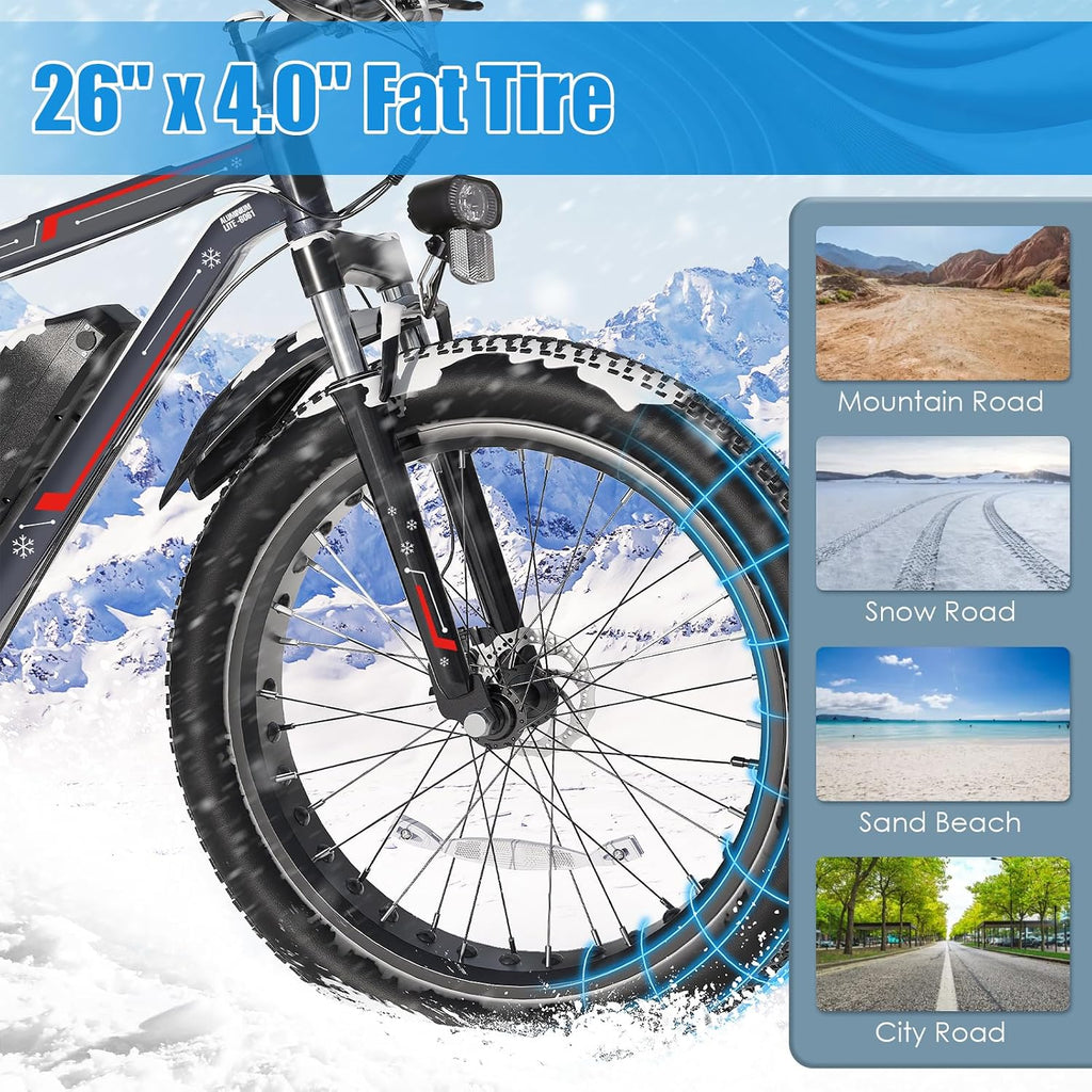 GOCIO 26' Fat Tire Electric Bike for Adults - 48V 750W Powerful Motor, 40 Miles Range, Dual Suspension, All-Terrain E-Bike