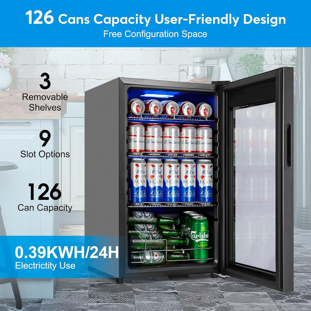 FoMup Beverage Refrigerator 17 inch Wide - 126 Can Beverage Cooler with Glass Door | Counter-Top/Freestanding Mini Beverage Beer Fridge | Temperature Memory | Invisible Door | Perfect for Soda,Beer