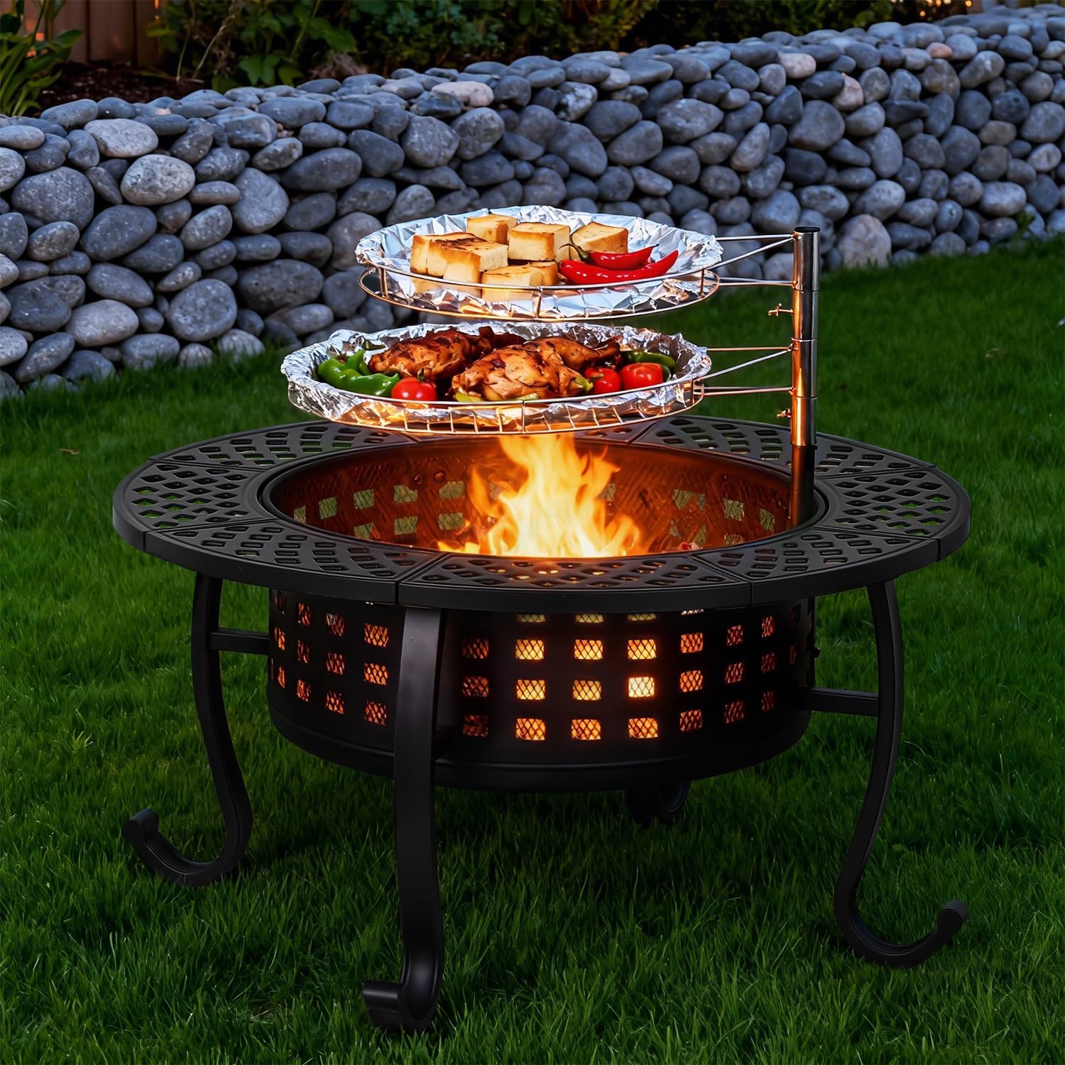 36 Inch Fire Pit with 2 Adjustable Grills, Wood Burning Outdoor Fire Pits with Lid, 3-in-1 BBQ & Fire Table for Backyard, Patio, Camping & Parties