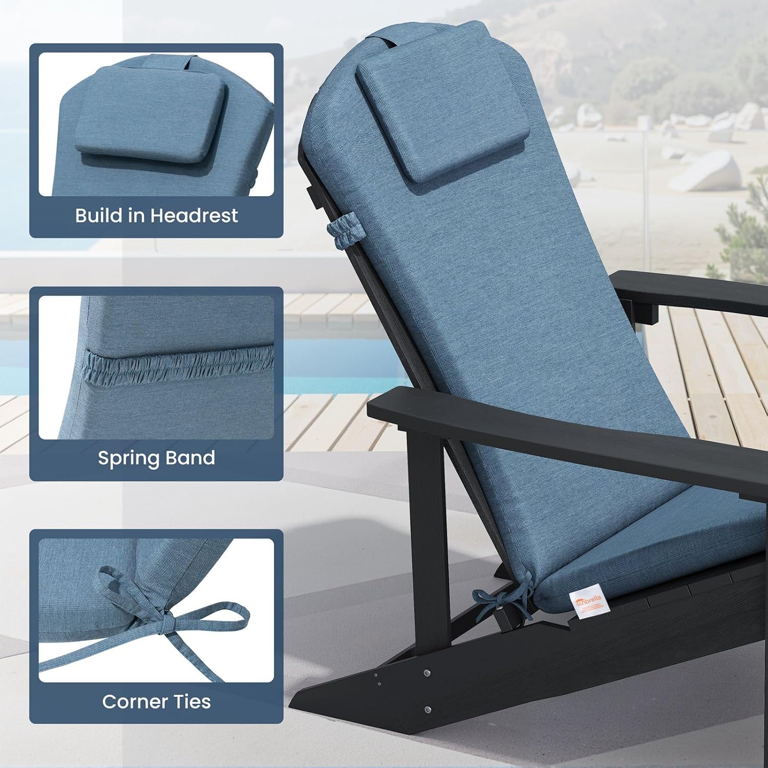 Crestlive 50x20 Inch Sunbrella Adirondack Chair Cushion with Headrest, Water Repellent, Fade Resistant, High Back Rocking Chair Cushion for Patio, Denim Blue