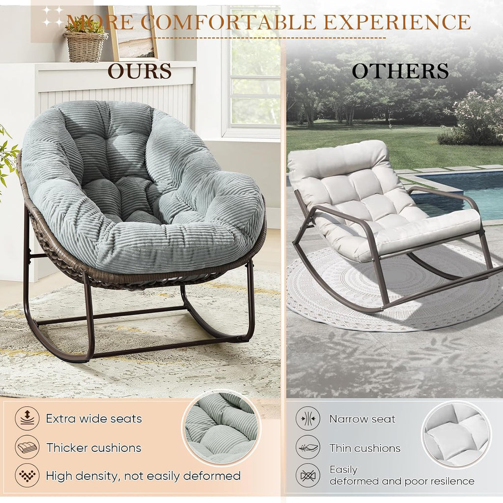 Outdoor Indoor Rocking Chair with Padded Cushion, Oversized Patio Papasan Rocking Egg Chair, All Weather Wicker Egg Rocking Chair, Comfy Large Rattan Rocker Lounge Chair for Front Porch,Garden, Patio