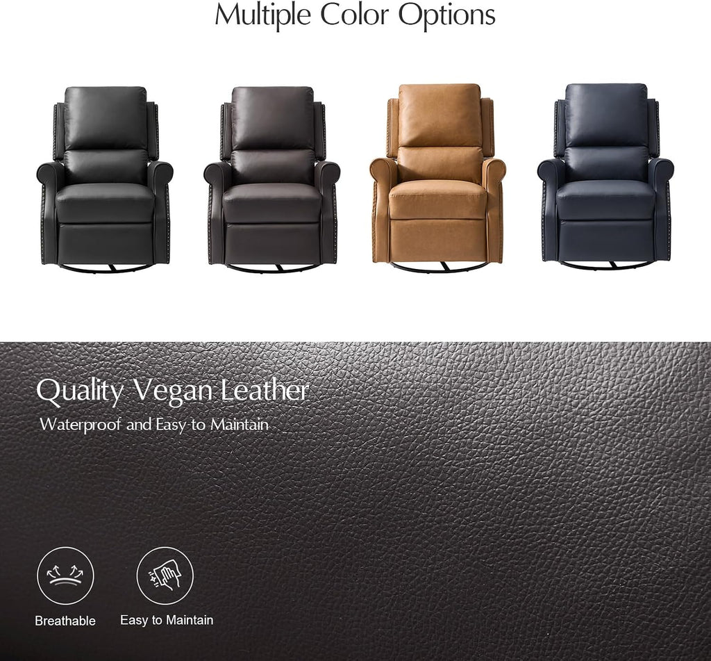 HULALA HOME Faux Leather Swivel Rocker Recliners Set of 2 with Adjustable Backrest and Footrest, Push Back Recliner Chairs with Nailhead Trim, Swivel Glider Rocking Chairs for Living Room, Brown