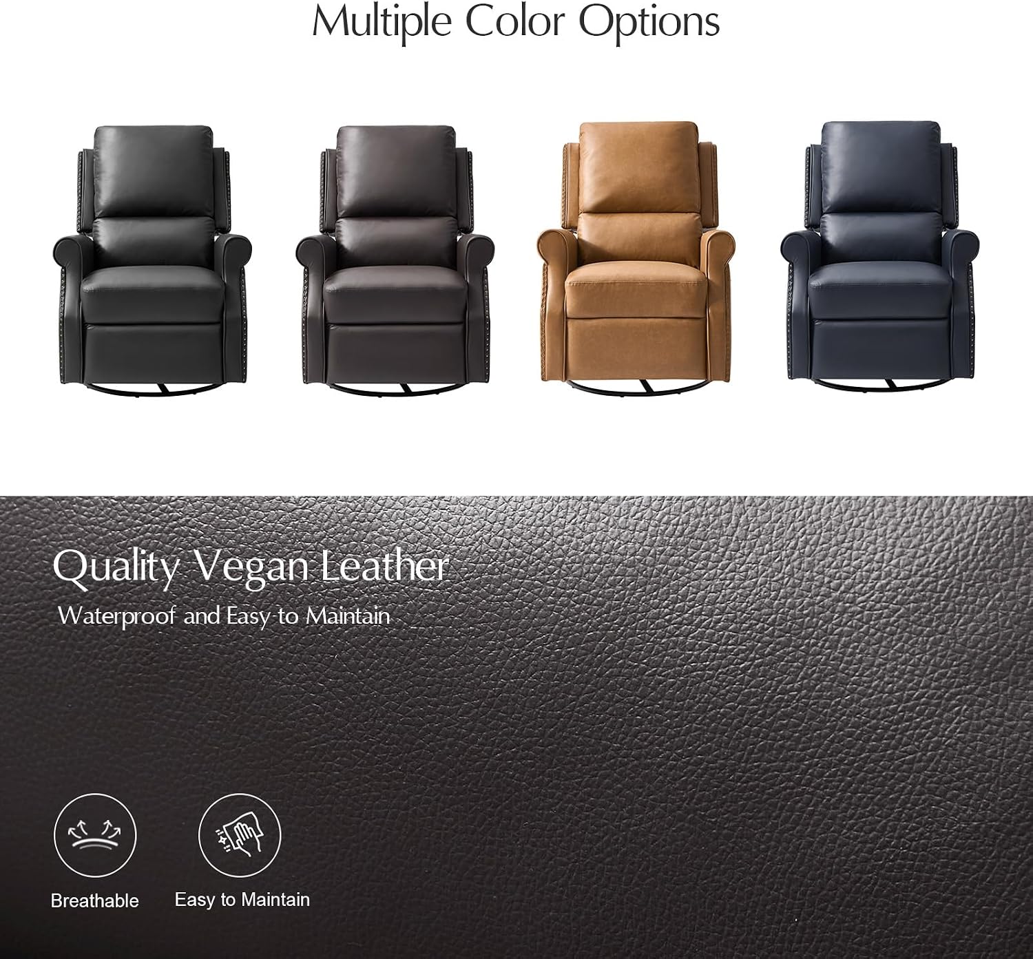 HULALA HOME Faux Leather Swivel Rocker Recliners Set of 2 with Adjustable Backrest and Footrest, Push Back Recliner Chairs with Nailhead Trim, Swivel Glider Rocking Chairs for Living Room, Brown