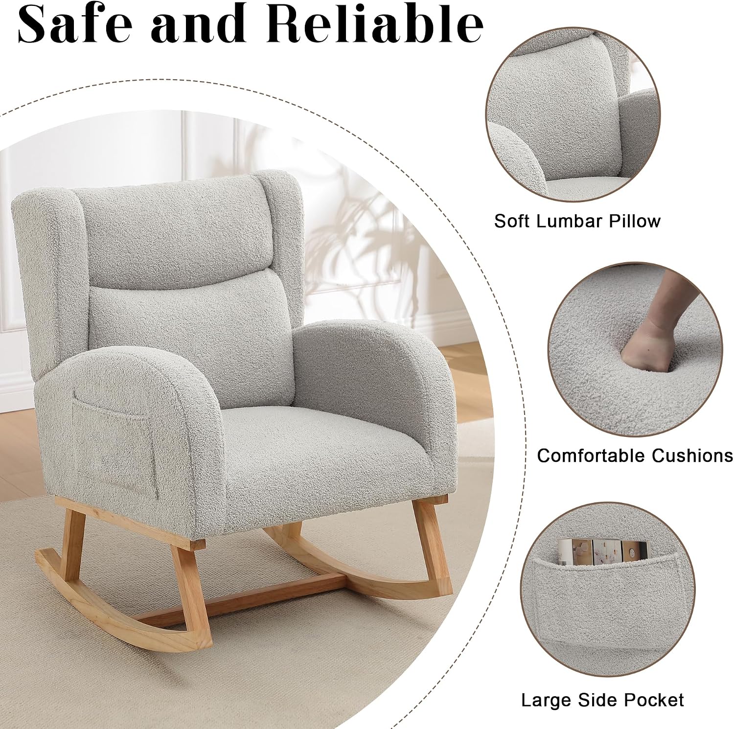 HCHAIRH Nursery Rocking Chairs Upholstered Rocking Chair for Nursery Cozy High Backrest Modern Indoor Rocking Chair for Living Room Bedroom Adults (Teddy Light Gray)