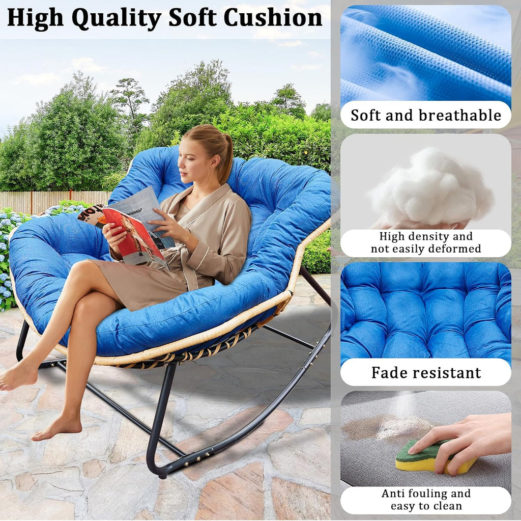 Rocking Papasan Chair Outdoor/Indoor, Rattan Wicker Lounge Rocker Egg Chair with Thick Cushion, Alloy Frame & Anti-Tip Wide Base for Patio, Living Room, Bedroom, Royal Blue