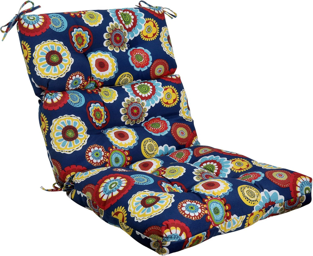 Magpie Fabrics Indoor Outdoor Tufted High Back Chair Cushion Set of 2, Waterproof All-Weather Deep Seating Rocking Chair Patio Chaise Lounge Sun Lounger Chair Cushions(Floral Navy)