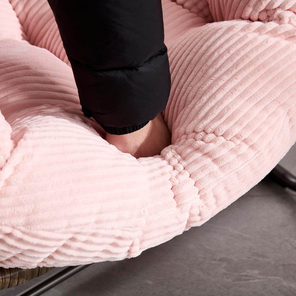 Ball & Cast Outdoor Patio Rocking Chair,Oversized Papasan Egg Chair with E-Coated,Padded Cushion,Recliner Chair for Indoor,Front Porch, Garden, Patio, Backyard,Pink