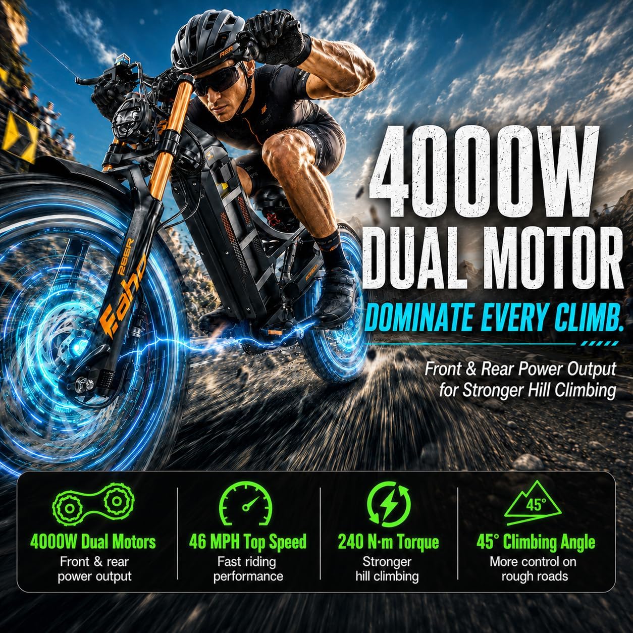 eAhora Romeo Pro 3 Electric Bike for Adults, 5600W 50MPH Dual Motor Ebike, 60V 80AH 250Miles Long Range Electric Bike, 26' *4.0 Fat Tire Electric Mountain Bike Full Suspension Off-Road E-Bike