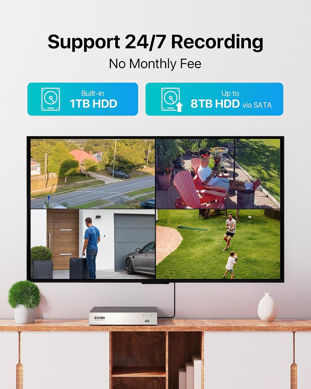 ZOSI 3K Lite Wired Security Camera System Outdoor,8pcs 1920TVL 1080P Surveillance Cameras,80ft Night Vision,8 Channel H.265+ 5MP Lite CCTV DVR with 1TB HDD for 24/7 Recording