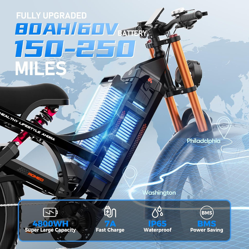 eAhora Romeo Pro 3 60V 80Ah 240+Miles Long Range E-Bike, 26 * 4.0' Fat Tire Air Full Suspension Electric Mountain Bike 50mph 5600W Dual Motor Electric Bike for Adults-Green+Rack+Bag