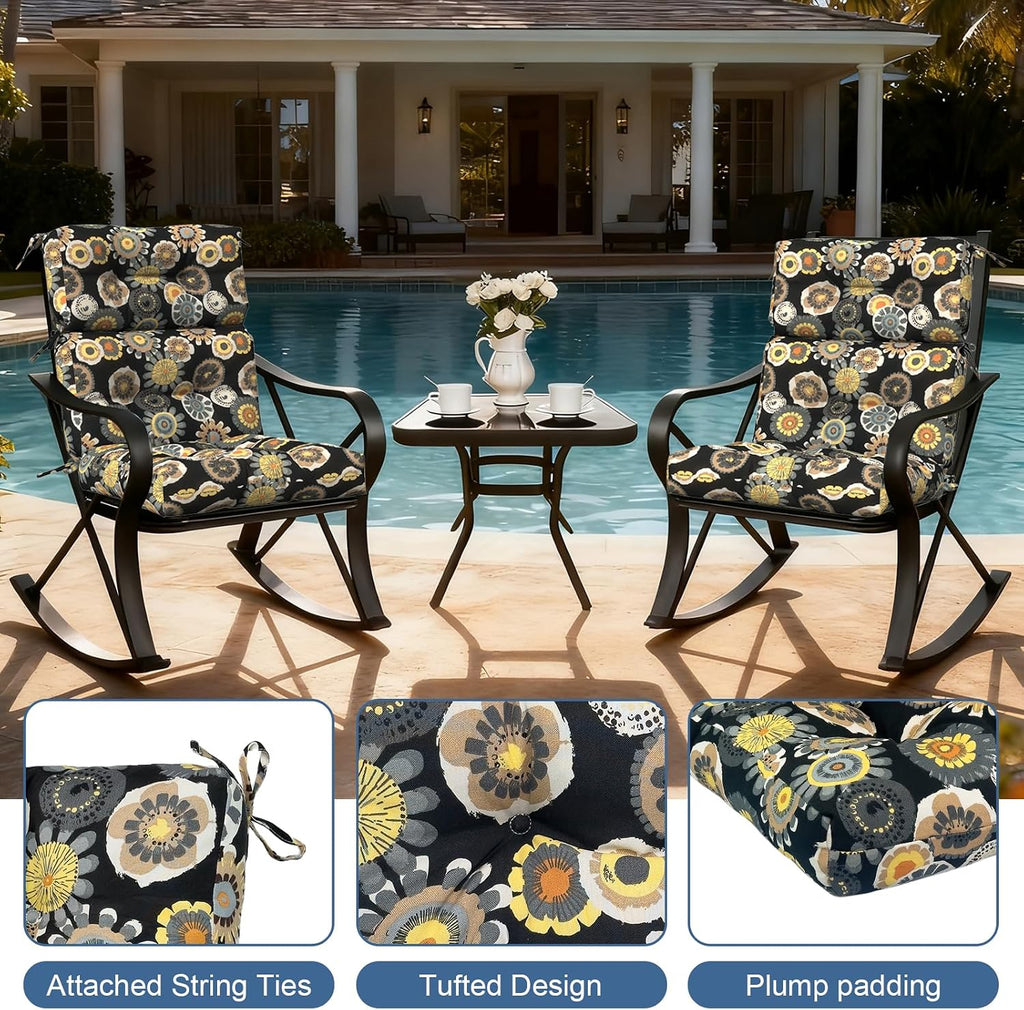 LVTXIII Outdoor Tufted High Back Cushions, 22' W x 20' D Fluffy Seat and Back Chair Cushion with Ties, Patio Replacement Rocking Chair Cushion for Outdoor Furniture Use, 2 Pack, Black Yellow Crosby