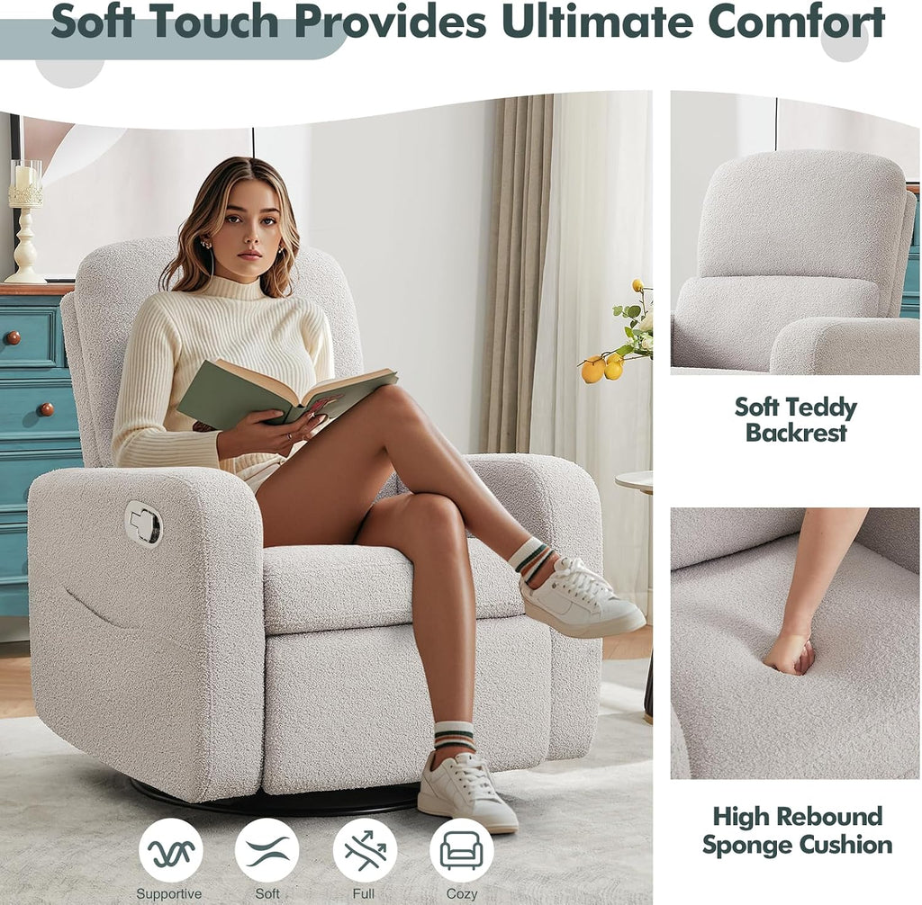 Swivel Rocker Recliner, Oversized Teddy Manual Nursery Glider Rocking Recliner with Removable Cushion, Upholstered Boucle Swivel Reclining Chair for Nursery Living Room Bedroom, Teddy Gray